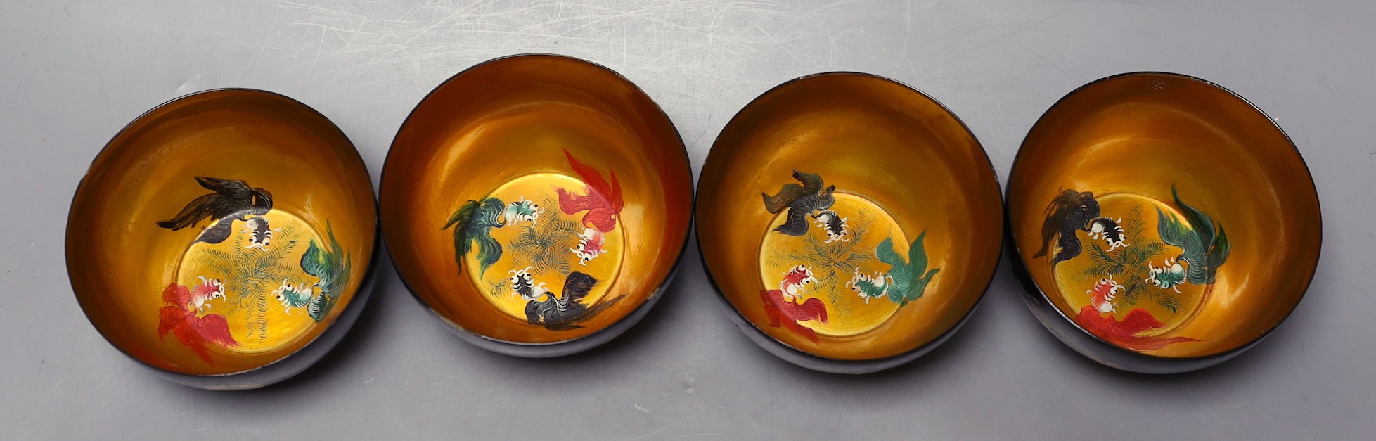 Four Chinese Republic Fuzhou lacquer dragon bowls. 11cm diameter